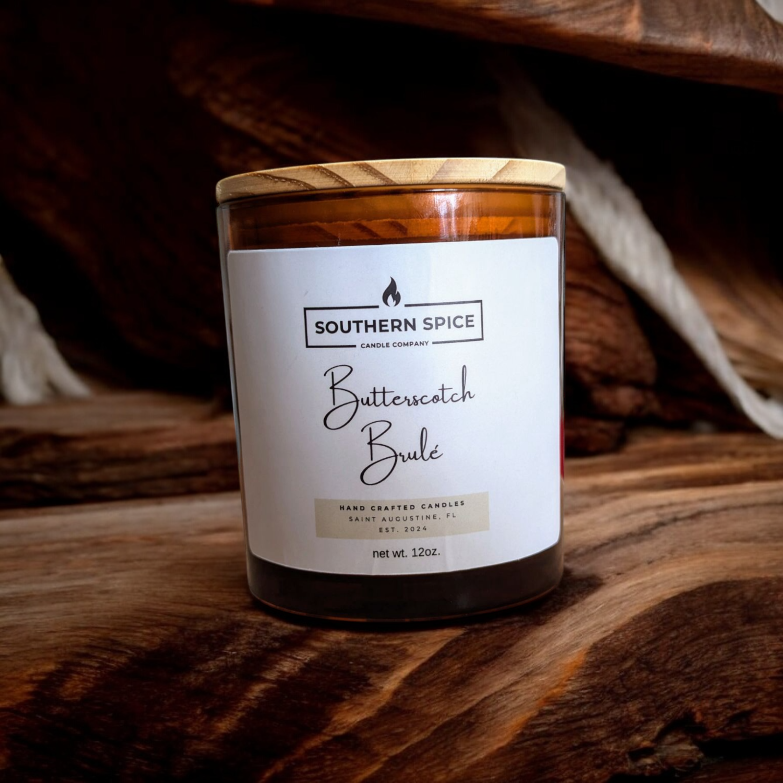 Butterscotch Brulee candle with wood background